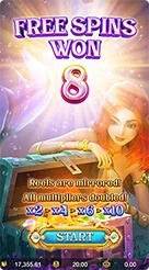 Mermaid Riches · Identifikasi susunan simbol gulungan dan deretan pengganda di bagian atas antarmuka.